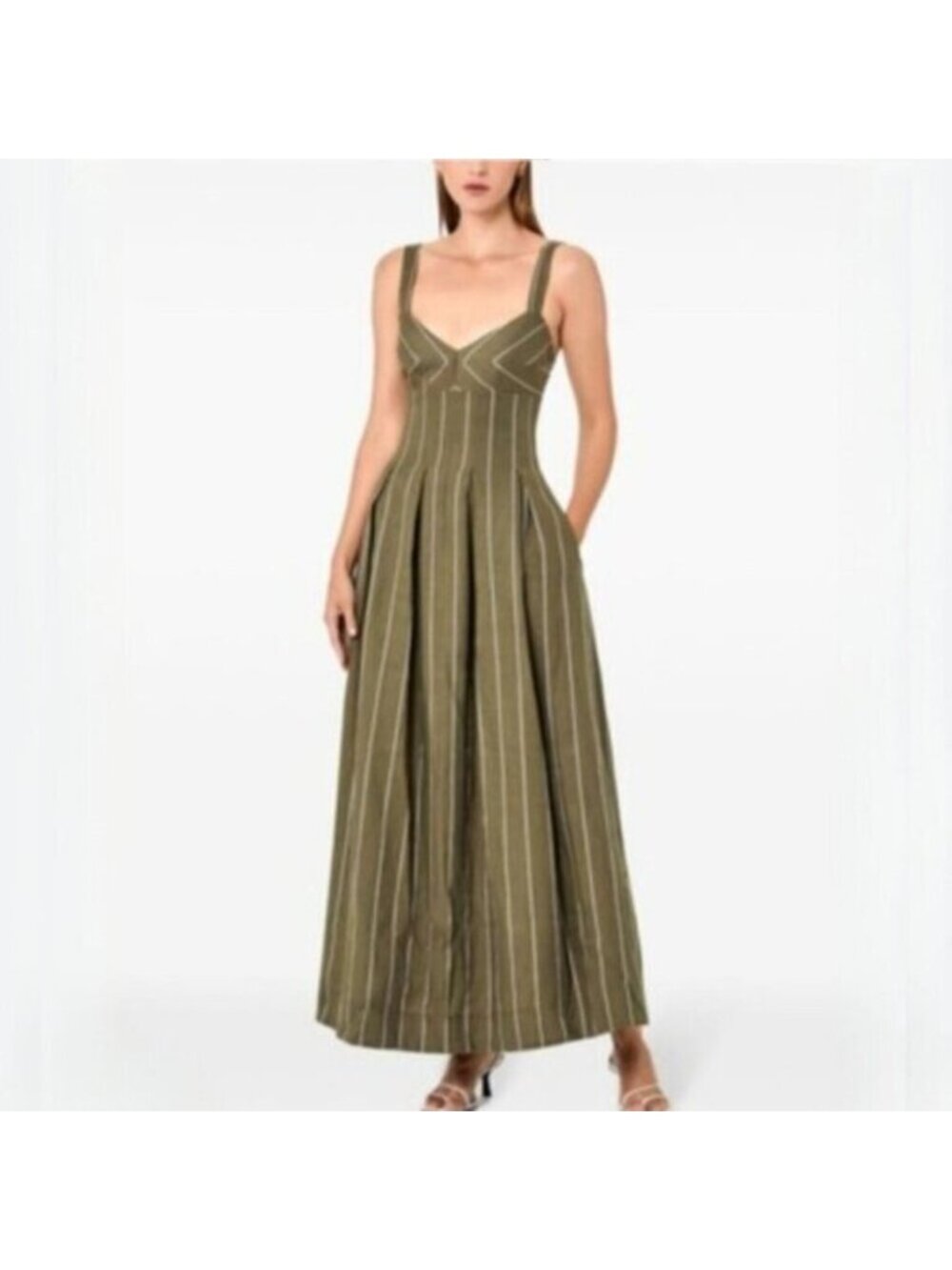 NWT NICHOLAS Selene Seamed Cami Linen Olive & White Striped Maxi Dress - Picture 17 of 17